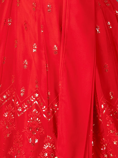 Odette Red Georgette Embroidered Semi-Stitched lehenga For Women