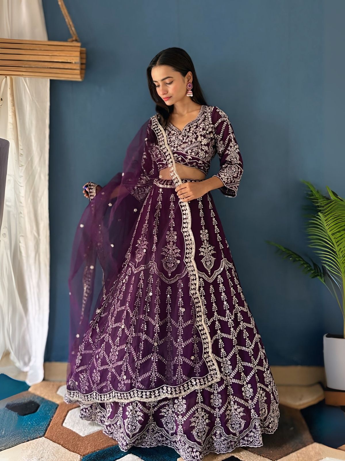 Odette Dark Purple Georgette Embroidered Semi-Stitched lehenga For Women