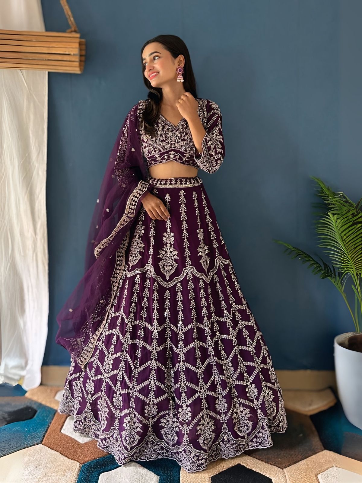 Odette Dark Purple Georgette Embroidered Semi-Stitched lehenga For Women