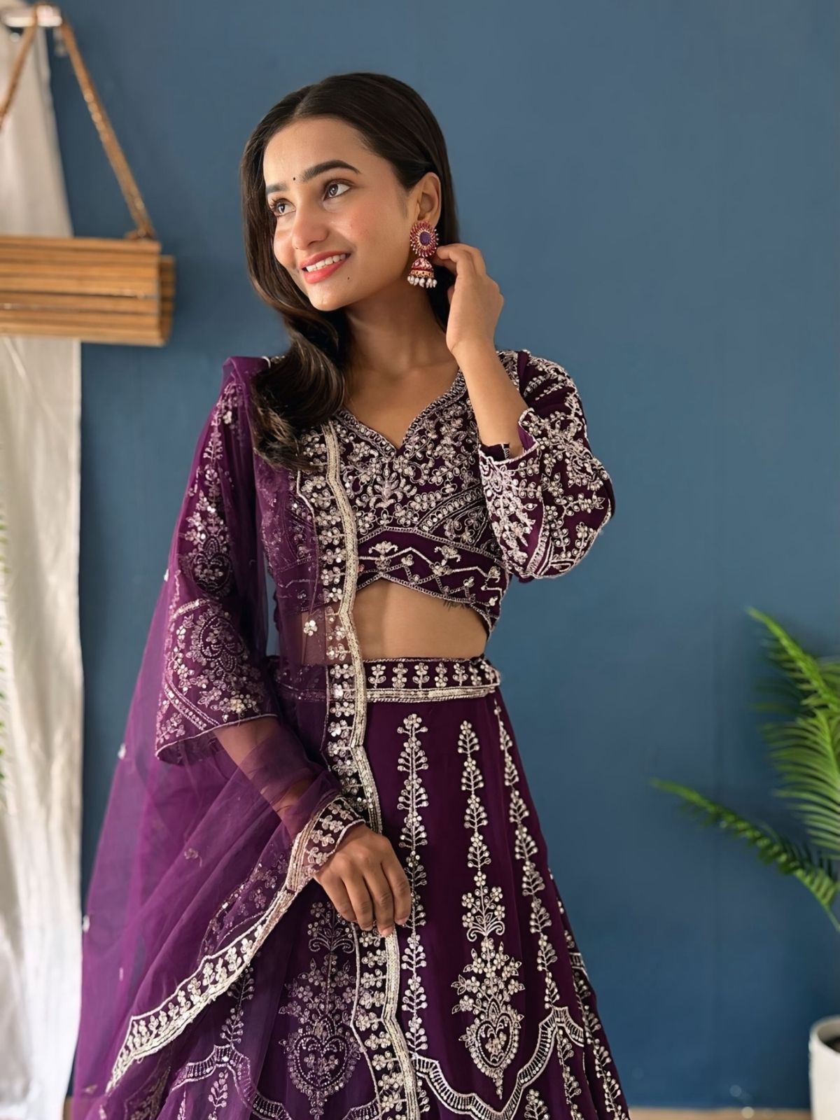 Odette Dark Purple Georgette Embroidered Semi-Stitched lehenga For Women