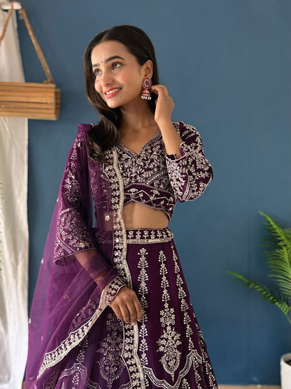 Odette Dark Purple Georgette Embroidered Semi-Stitched lehenga For Women
