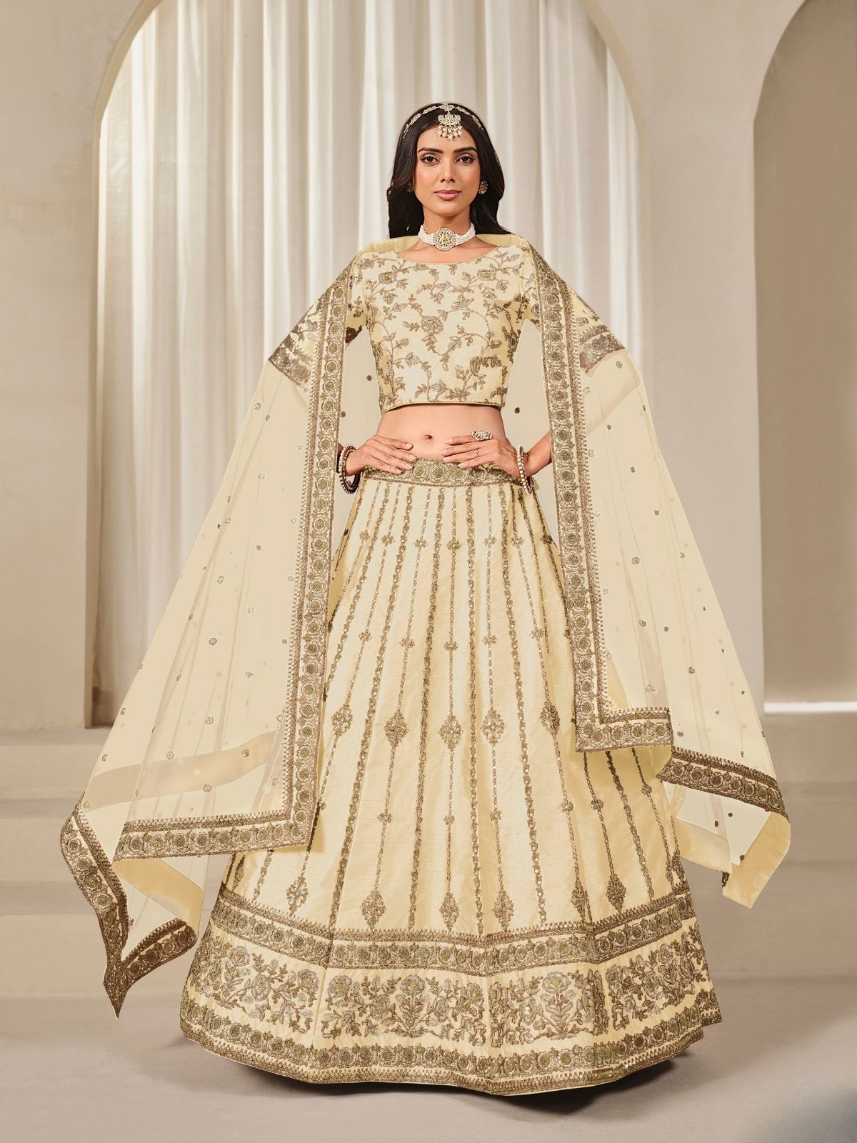 Odette Cream Art Silk Embroidered Semi-Stitched lehenga For Women