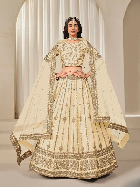 Odette Cream Art Silk Embroidered Semi-Stitched lehenga For Women