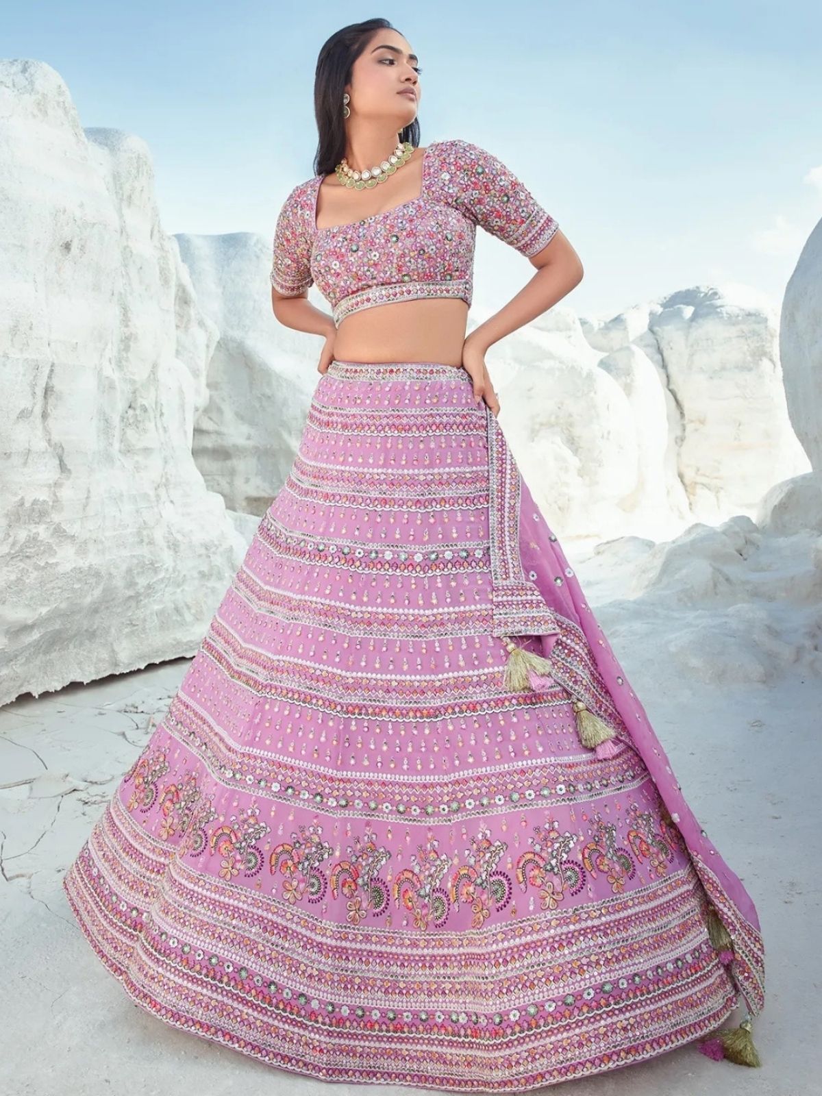 Odette Light Pink Georgette Embellished Semi-Stitched lehenga For Women