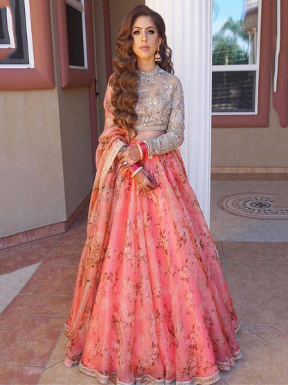 Odette Pink Organza Printed Semi-Stitched lehenga For Women