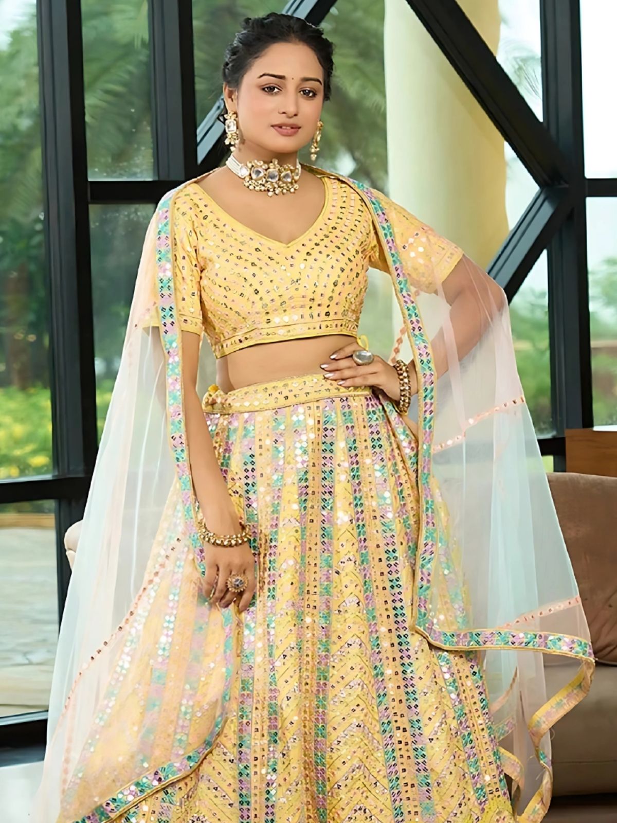 Odette Yellow Dola Silk Embellished Semi-Stitched Lehenga For Women