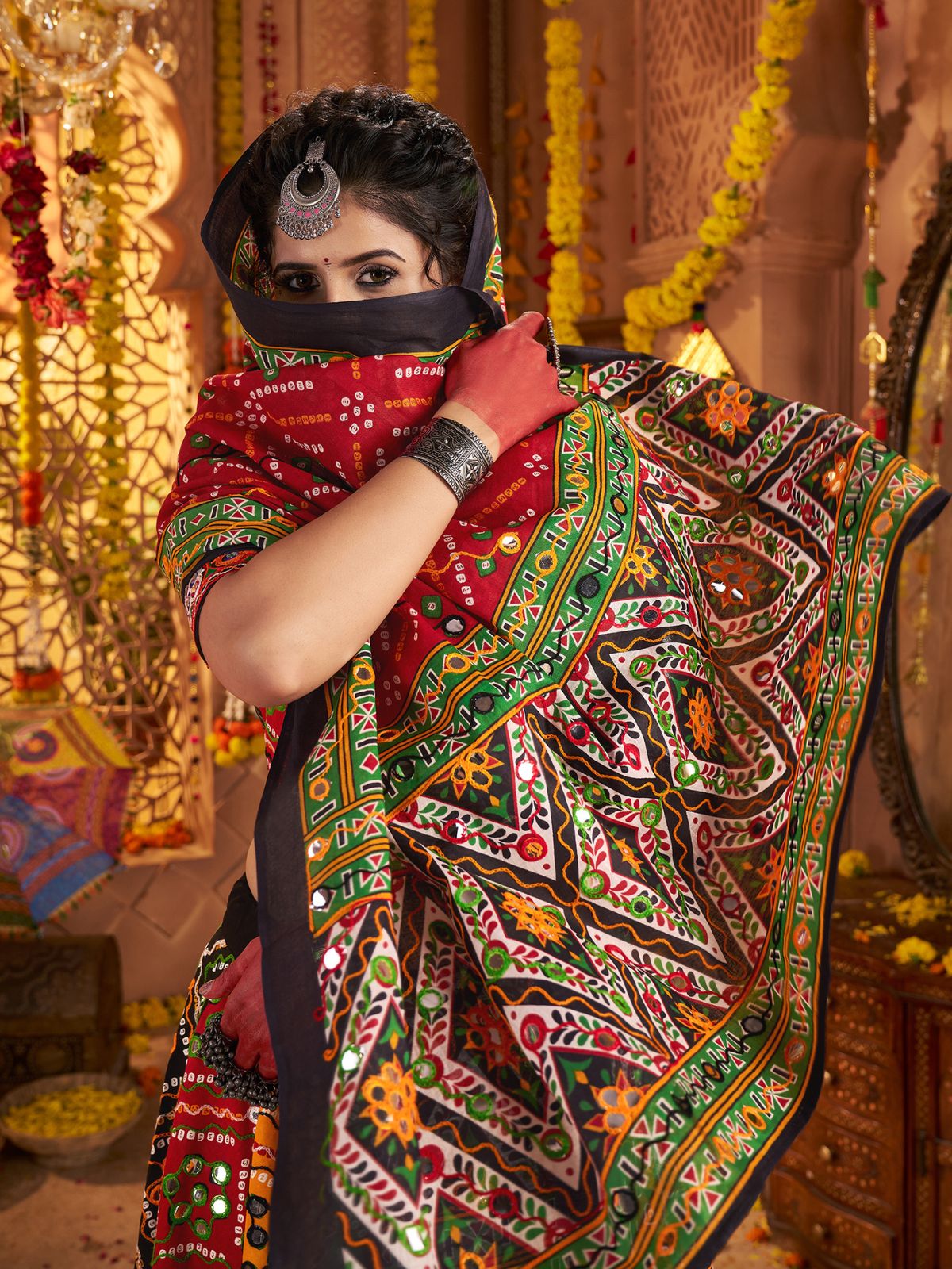 Odette Multicolor Cotton Blend Embroidered Semi-Stitched lehenga For Women