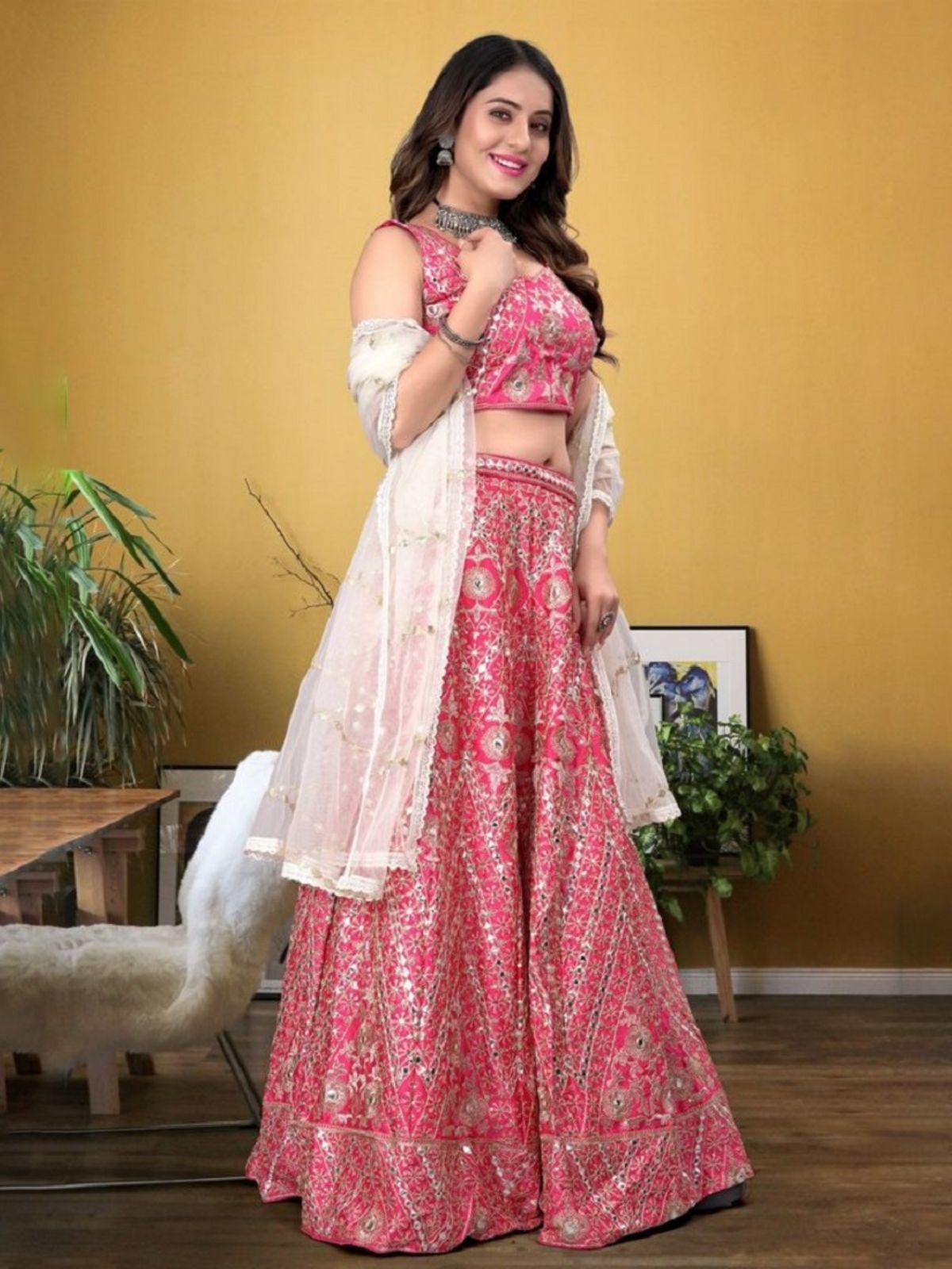 Odette Pink Silk Blend Embellished Semi-Stitched Lehenga For Women