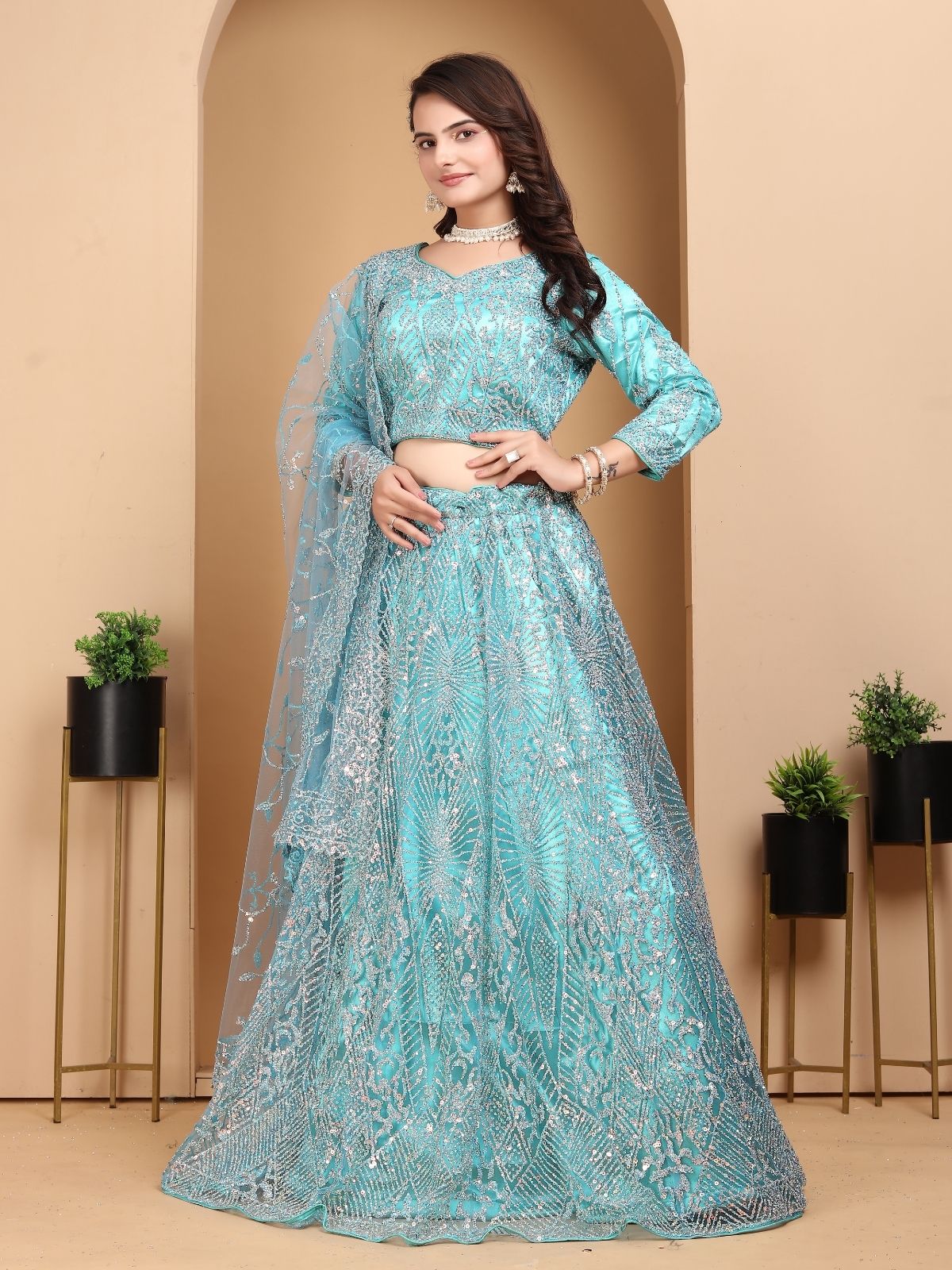 Odette Sky Blue Net Embellished Semi-Stitched lehenga For Women