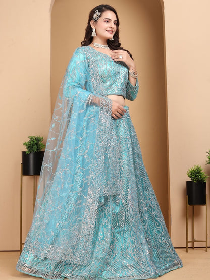 Odette Sky Blue Net Embellished Semi-Stitched lehenga For Women