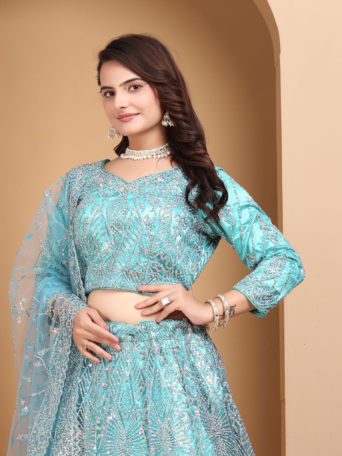 Odette Sky Blue Net Embellished Semi-Stitched lehenga For Women