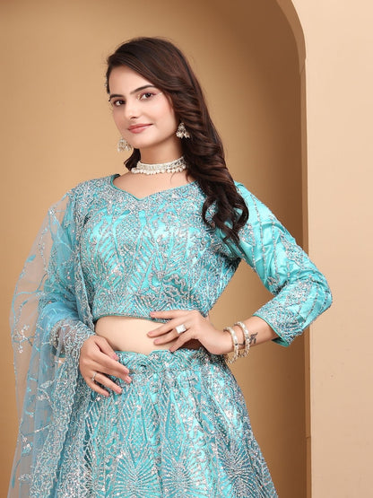 Odette Sky Blue Net Embellished Semi-Stitched lehenga For Women