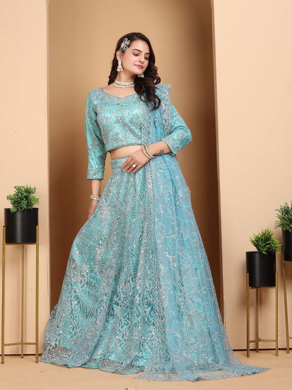 Odette Sky Blue Net Embellished Semi-Stitched lehenga For Women