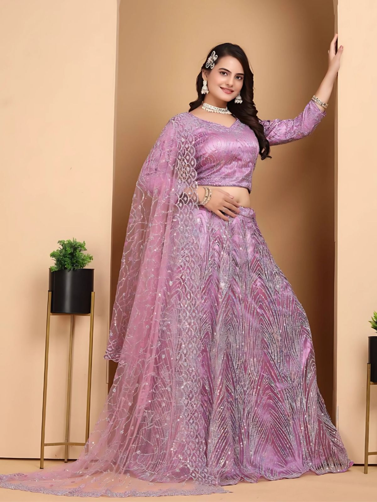 Odette Lavender Net Embellished Semi-Stitched lehenga For Women