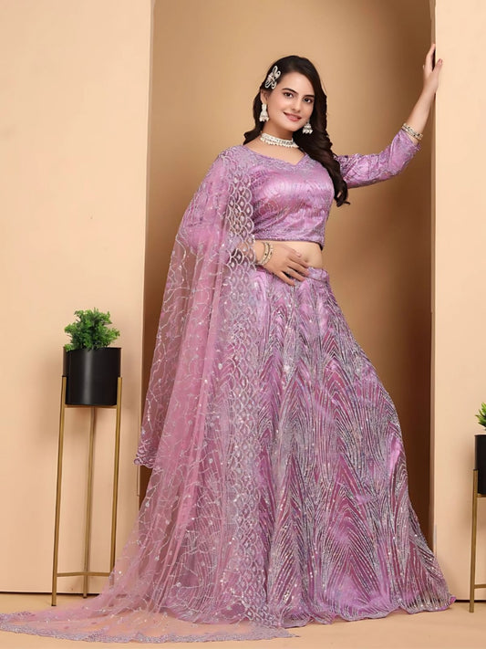 Odette Lavender Net Embellished Semi-Stitched lehenga For Women