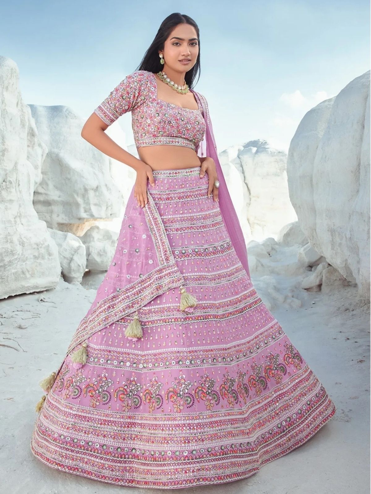 Odette Light Pink Georgette Embellished Semi-Stitched lehenga For Women