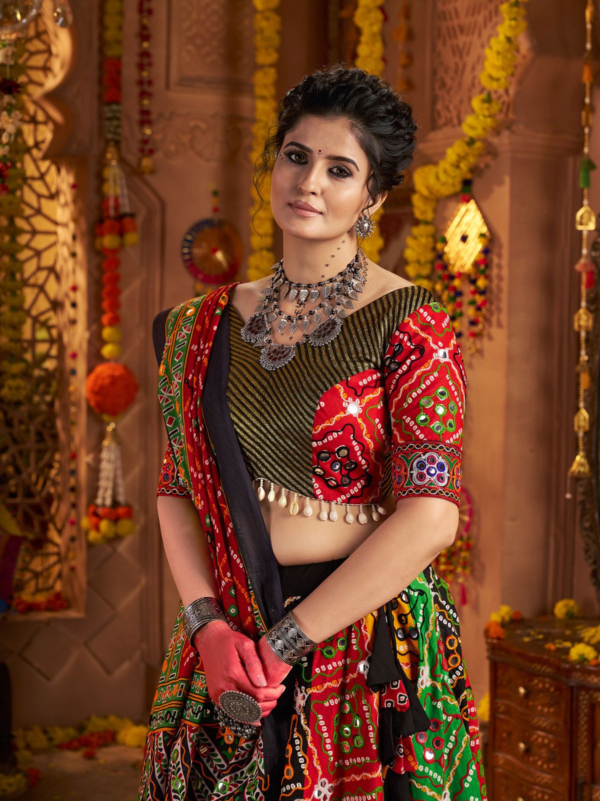 Odette Multicolor Cotton Blend Embroidered Semi-Stitched lehenga For Women