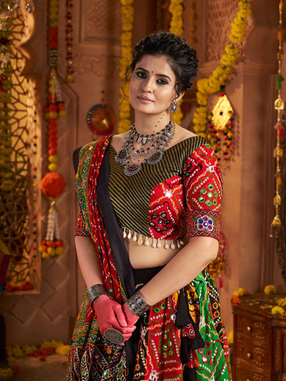 Odette Multicolor Cotton Blend Embroidered Semi-Stitched lehenga For Women