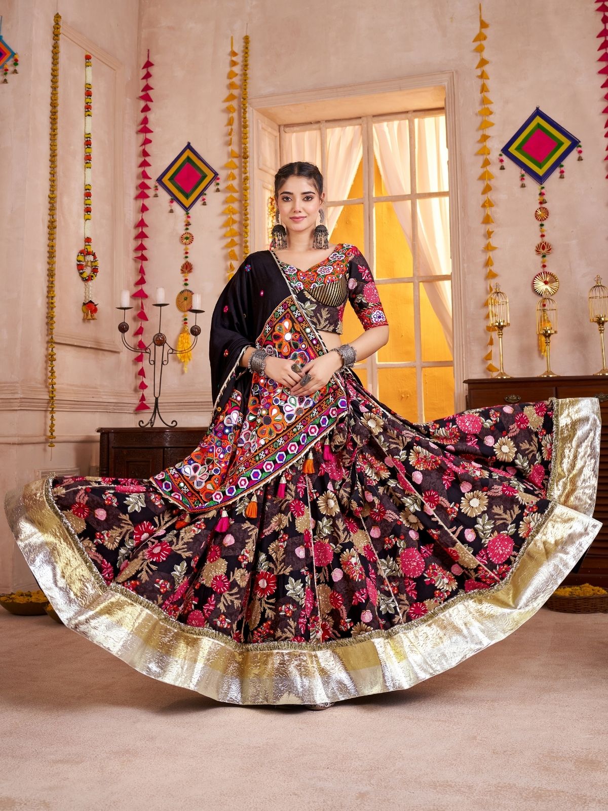 Odette Black Cotton Blend Embroidered Semi-Stitched Lehenga For Women