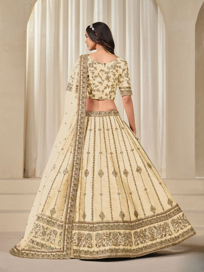 Odette Cream Art Silk Embroidered Semi-Stitched lehenga For Women