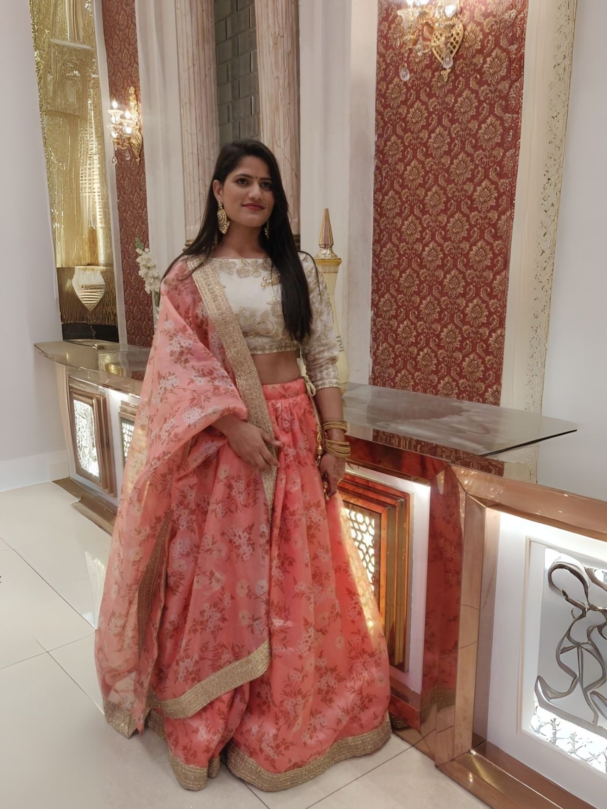 Odette Pink Organza Printed Semi-Stitched lehenga For Women