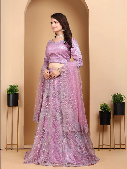 Odette Lavender Net Embellished Semi-Stitched lehenga For Women