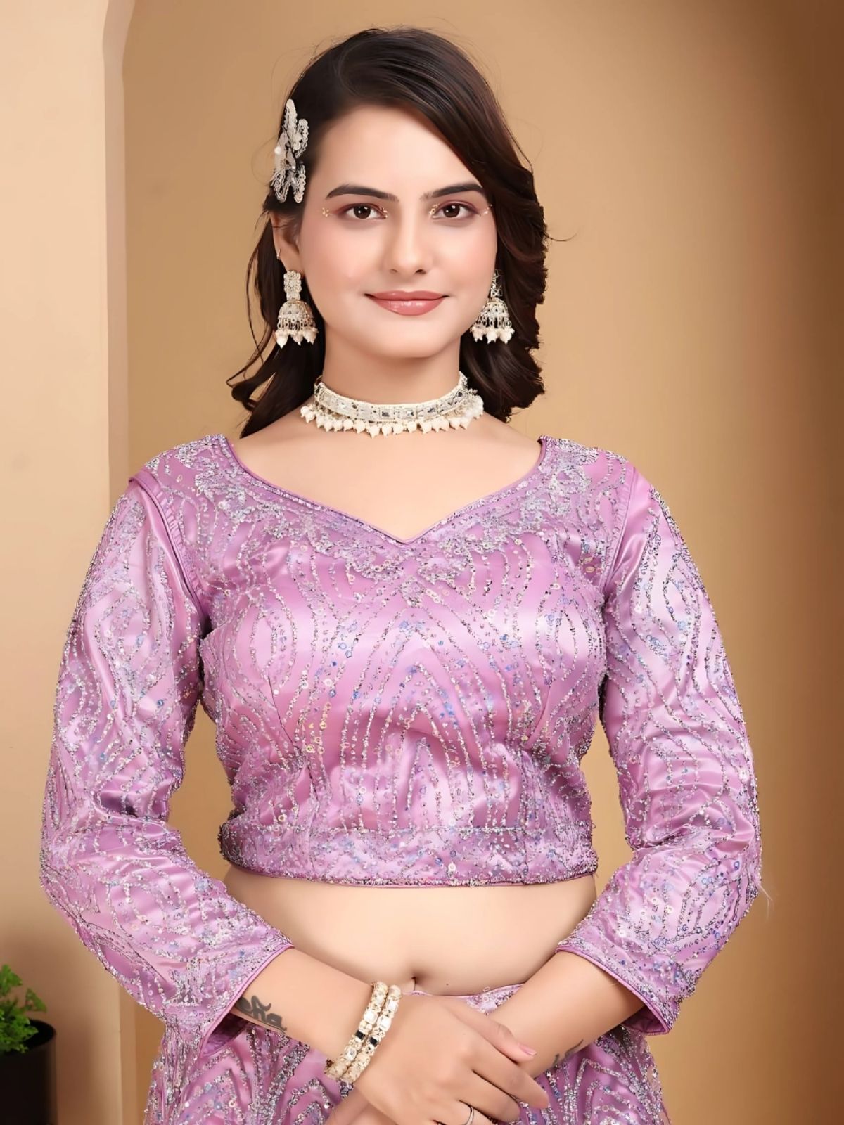 Odette Lavender Net Embellished Semi-Stitched lehenga For Women