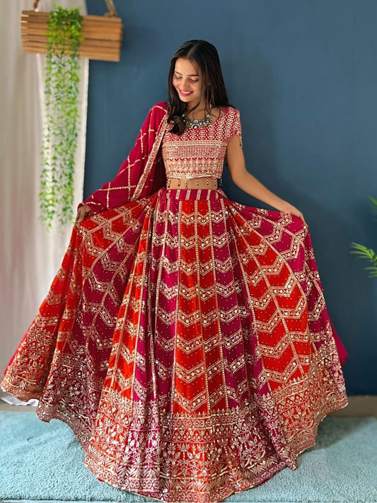 Odette Pink And Orange Georgette Embellished Semi-Stitched lehenga For Women