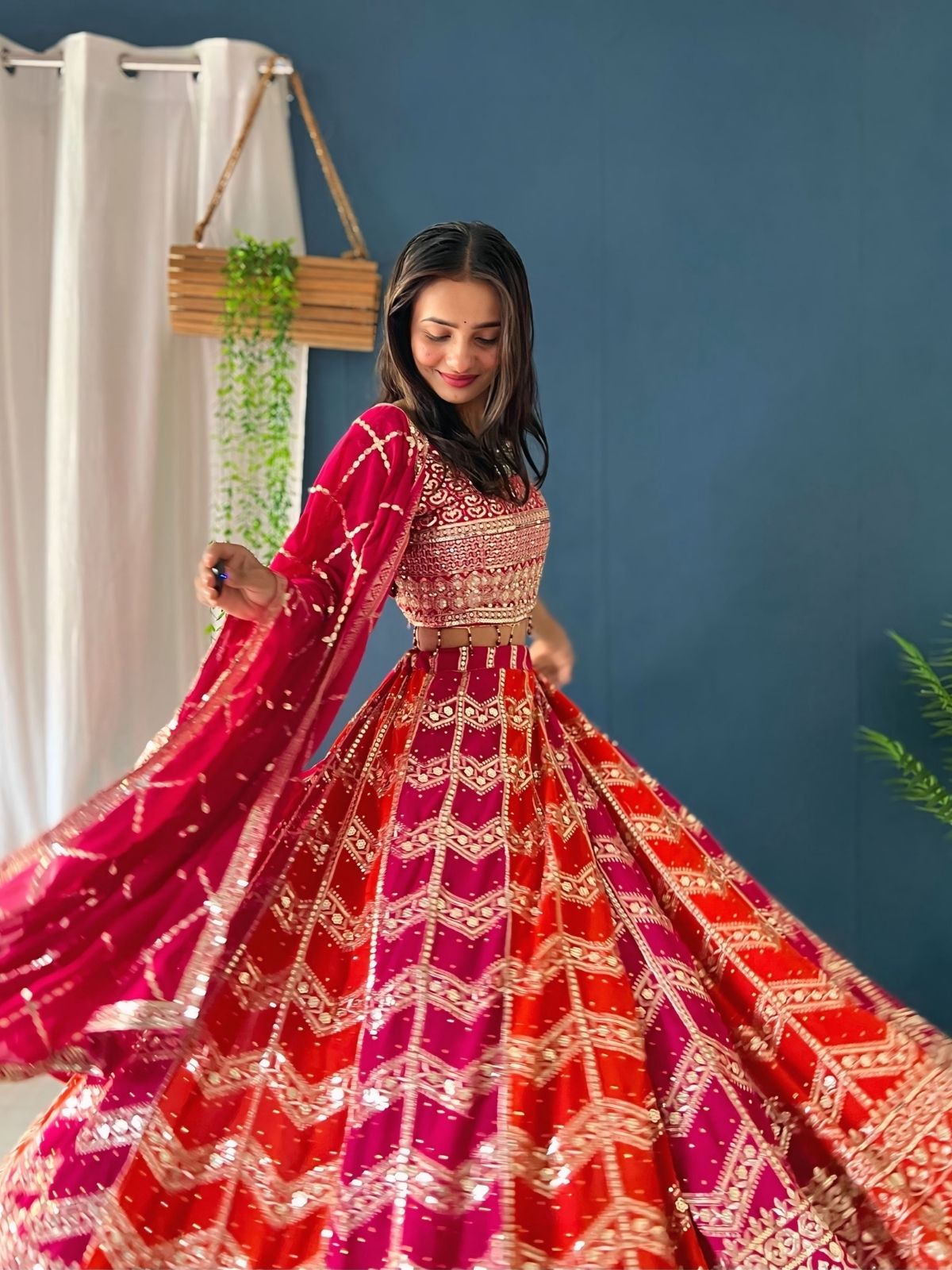 Odette Pink And Orange Georgette Embellished Semi-Stitched lehenga For Women