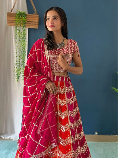 Odette Pink And Orange Georgette Embellished Semi-Stitched lehenga For Women