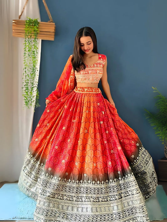 Odette Pink And Orange Silk Blend Embroidered Semi-Stitched lehenga For Women
