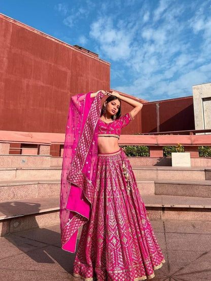 Odette Pink Silk Blend Embellished Semi-Stitched Lehenga For Women