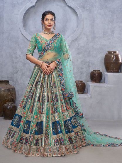 Odette Green Organza Embellished Semi-Stitched Lehenga With Unstitched Blouse For Women