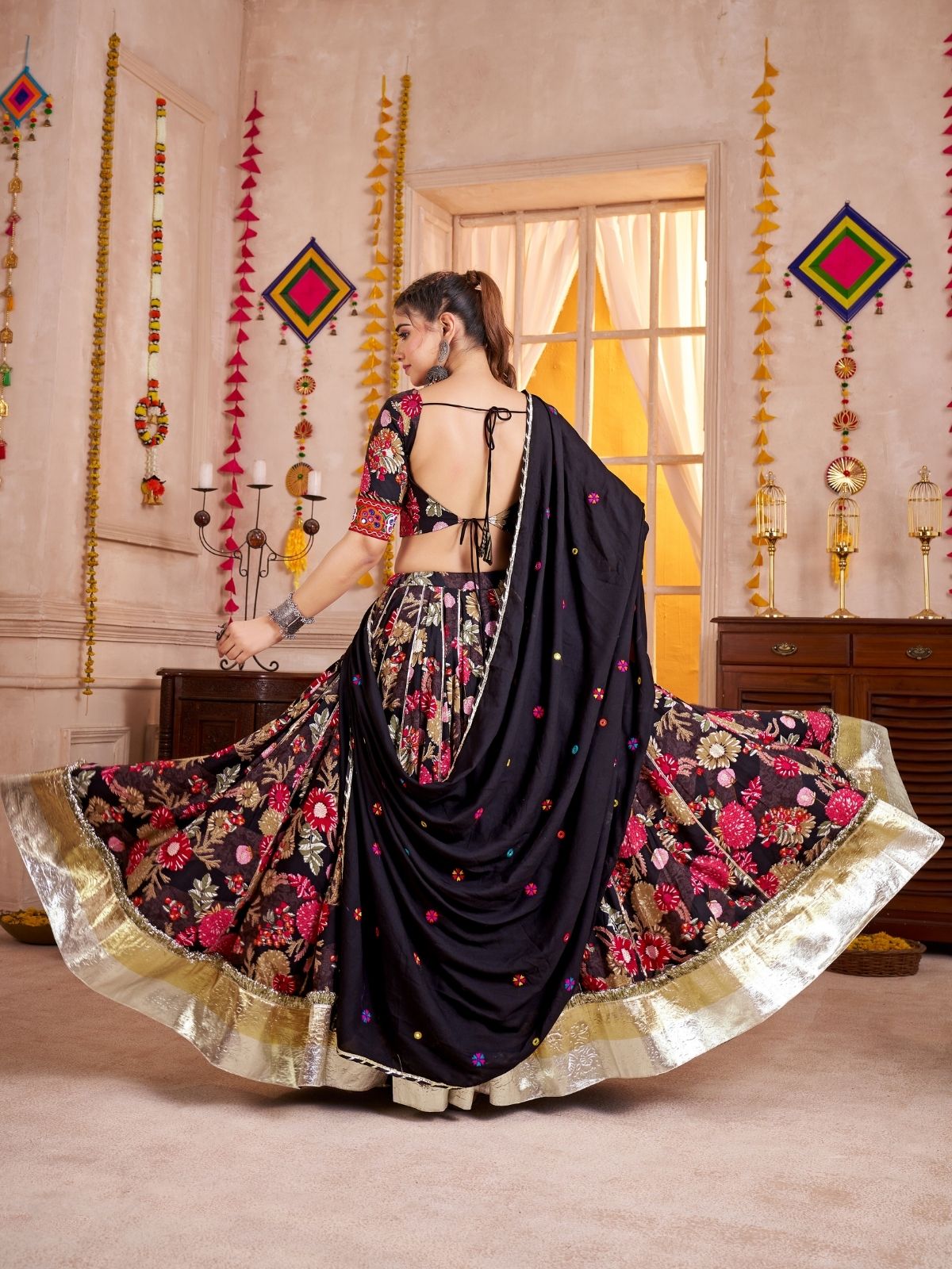 Odette Black Cotton Blend Embroidered Semi-Stitched Lehenga For Women