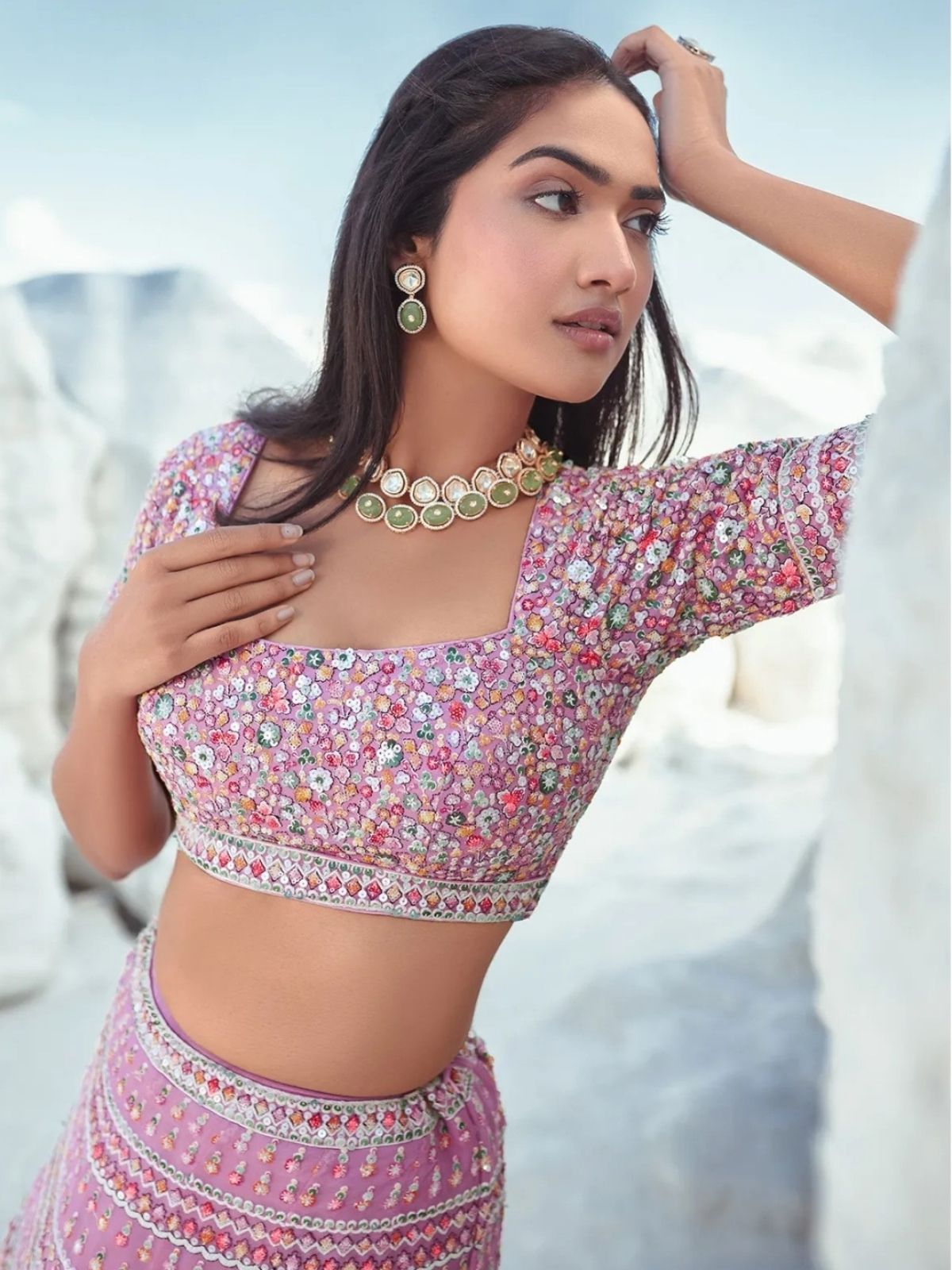 Odette Light Pink Georgette Embellished Semi-Stitched lehenga For Women