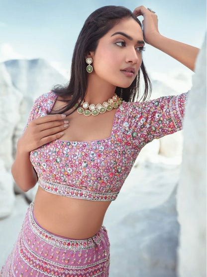 Odette Light Pink Georgette Embellished Semi-Stitched lehenga For Women