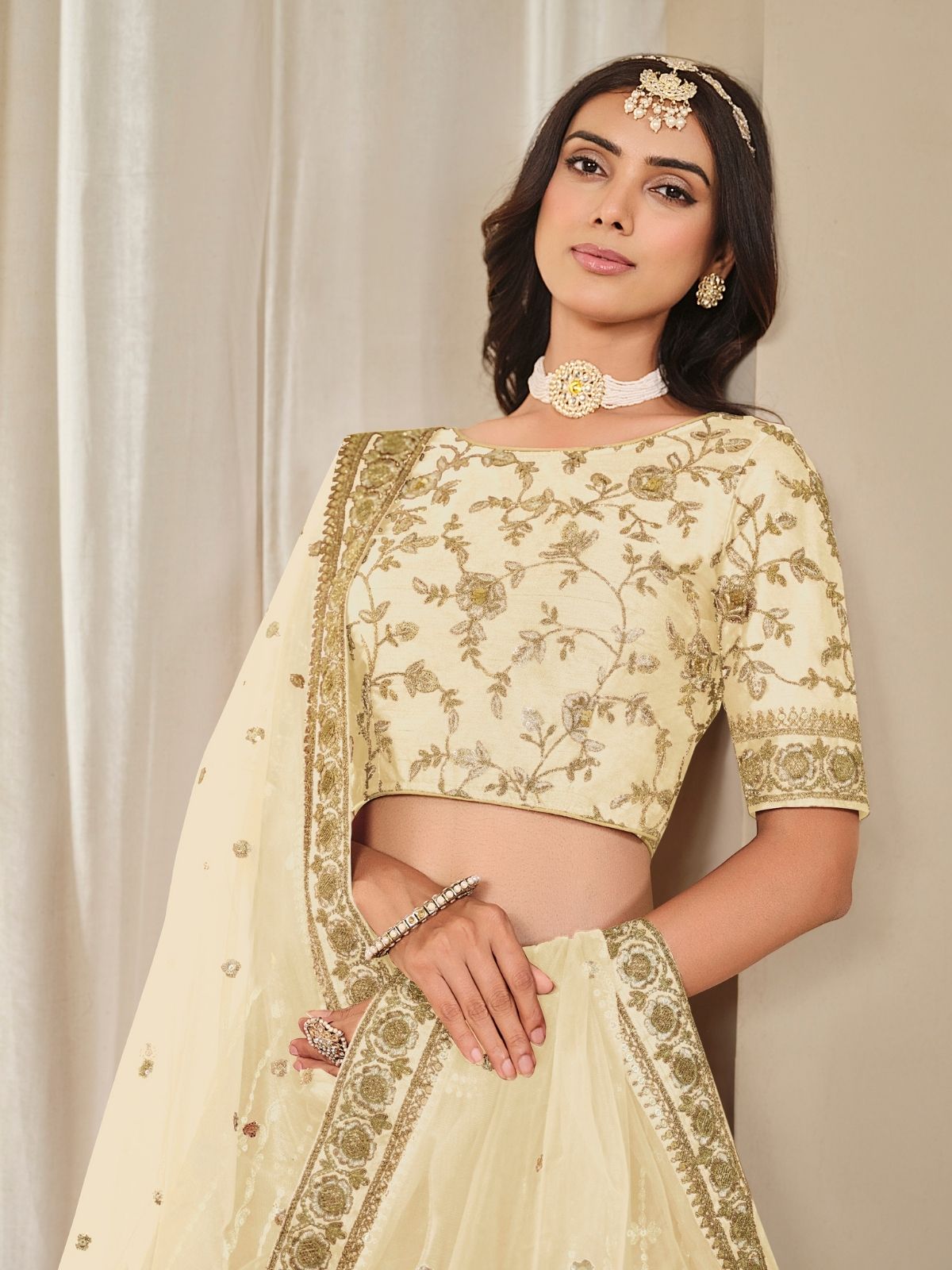 Odette Cream Art Silk Embroidered Semi-Stitched lehenga For Women