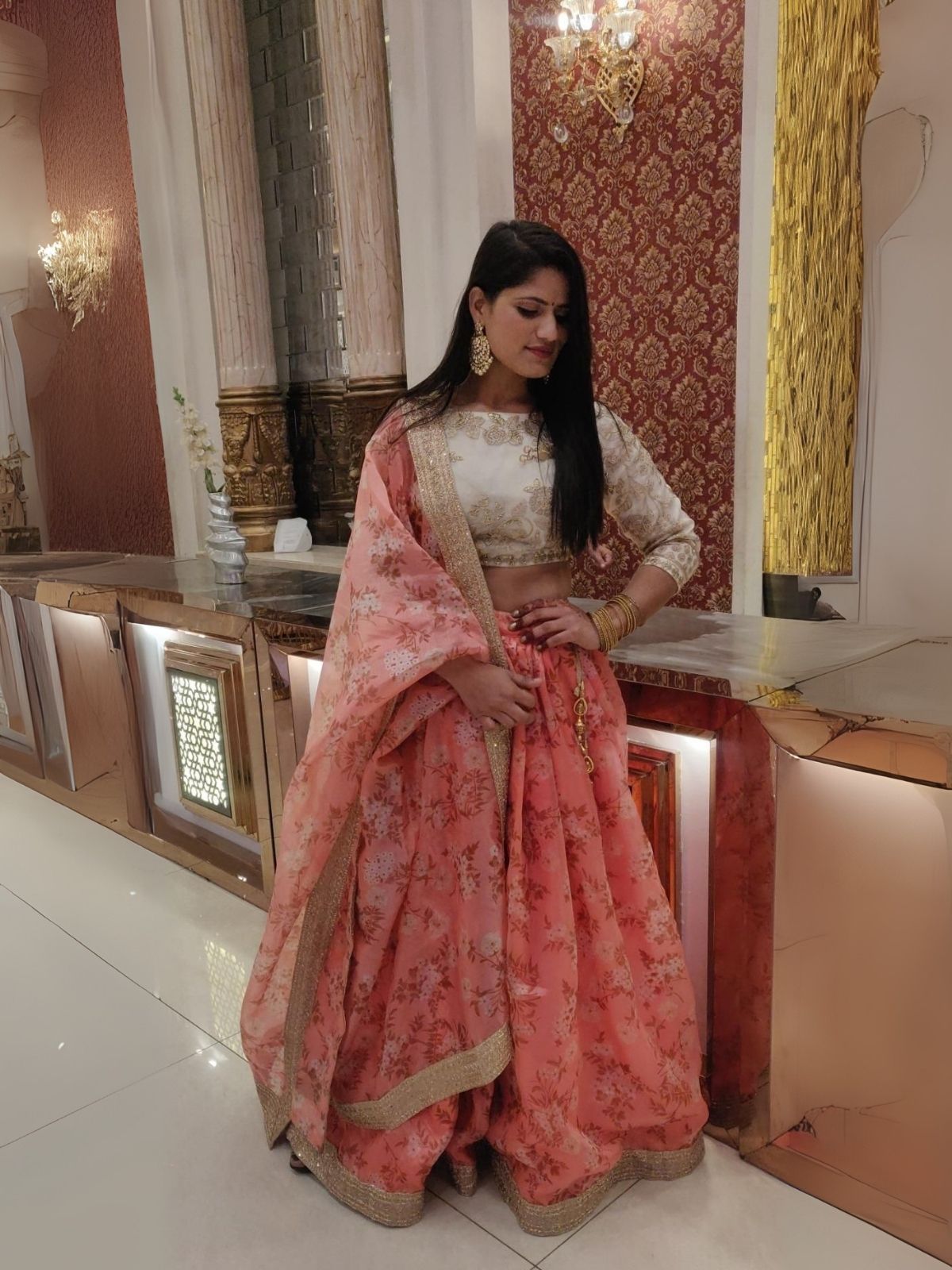 Odette Pink Organza Printed Semi-Stitched lehenga For Women