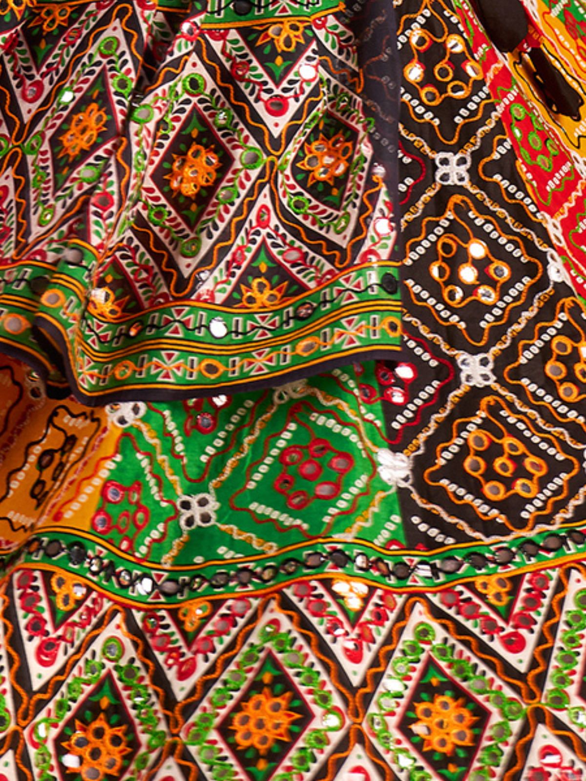 Odette Multicolor Cotton Blend Embroidered Semi-Stitched lehenga For Women