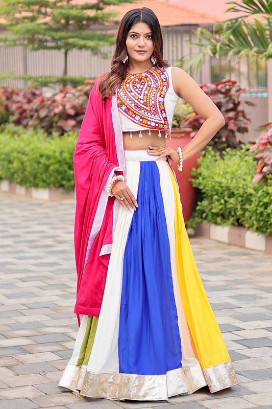 Multi Colored Cotton Plain Chaniya with Kachchi Work Choli