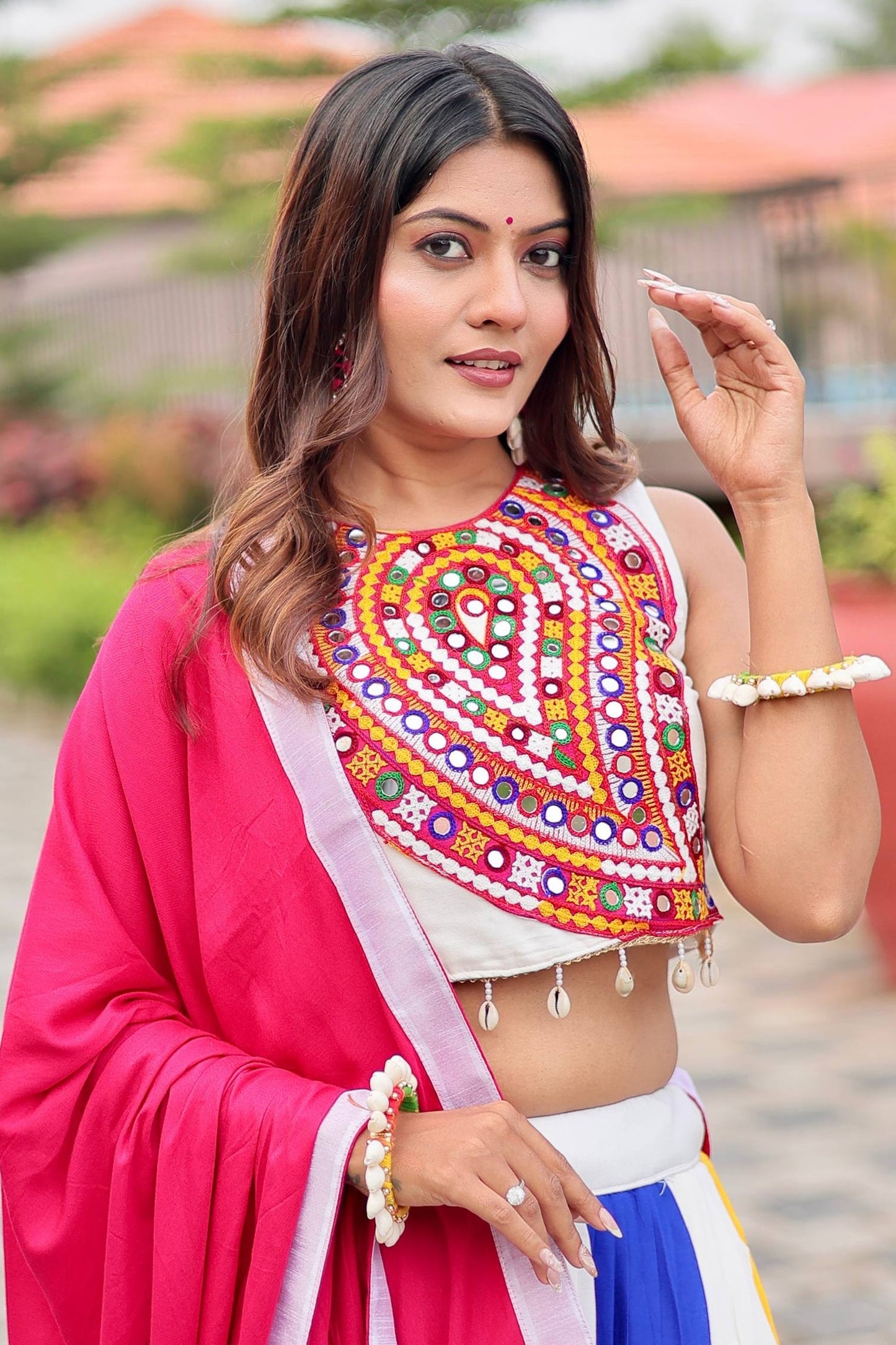 Multi Colored Cotton Plain Chaniya with Kachchi Work Choli