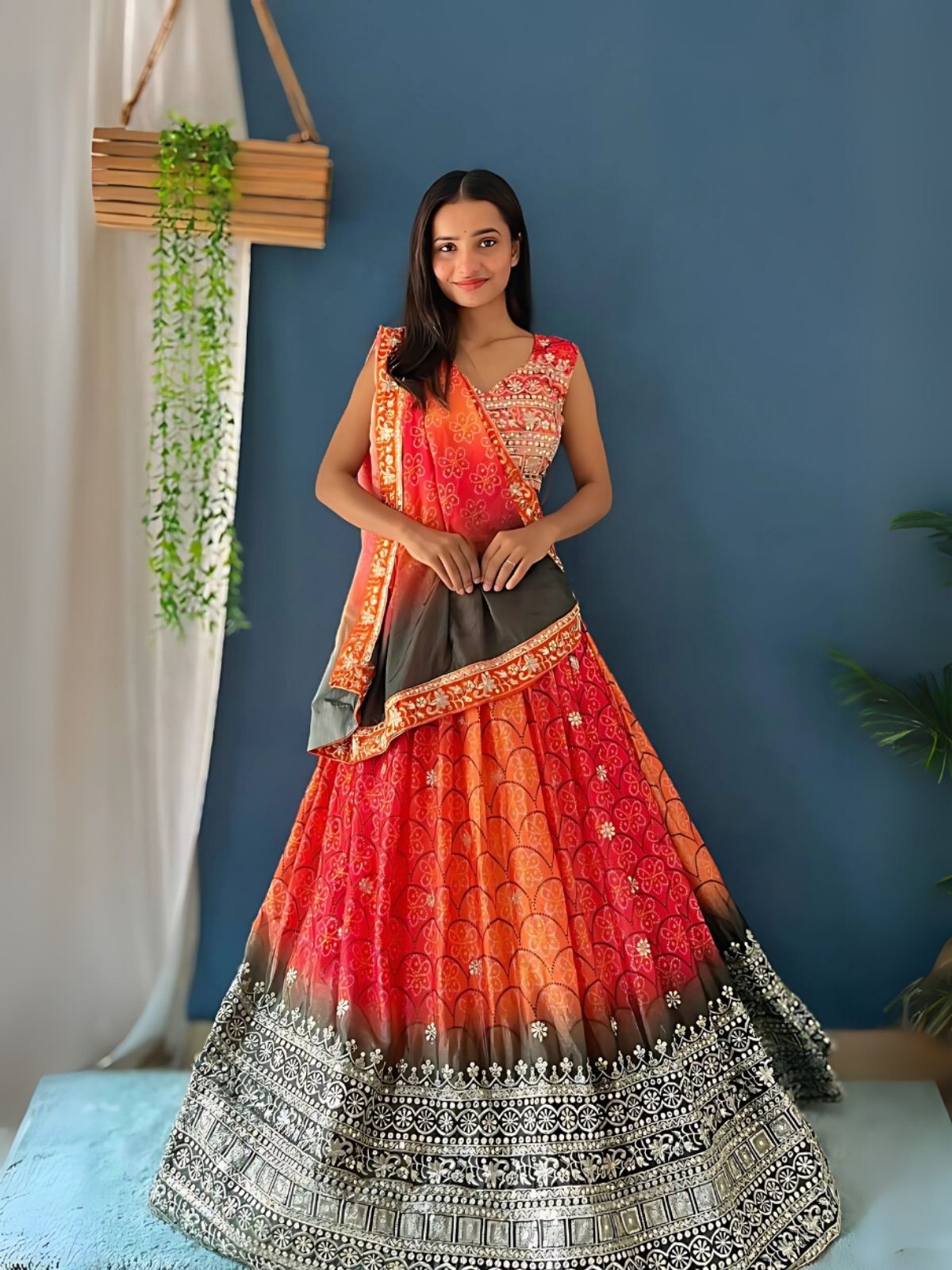 Odette Pink And Orange Silk Blend Embroidered Semi-Stitched lehenga For Women