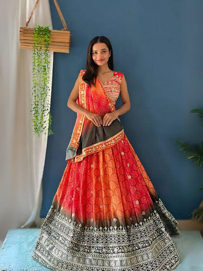 Odette Pink And Orange Silk Blend Embroidered Semi-Stitched lehenga For Women