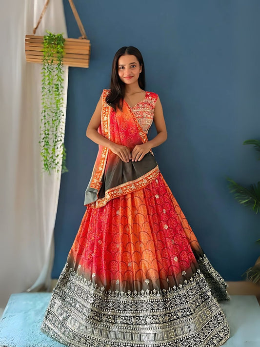 Odette Pink And Orange Silk Blend Embroidered Semi-Stitched lehenga For Women