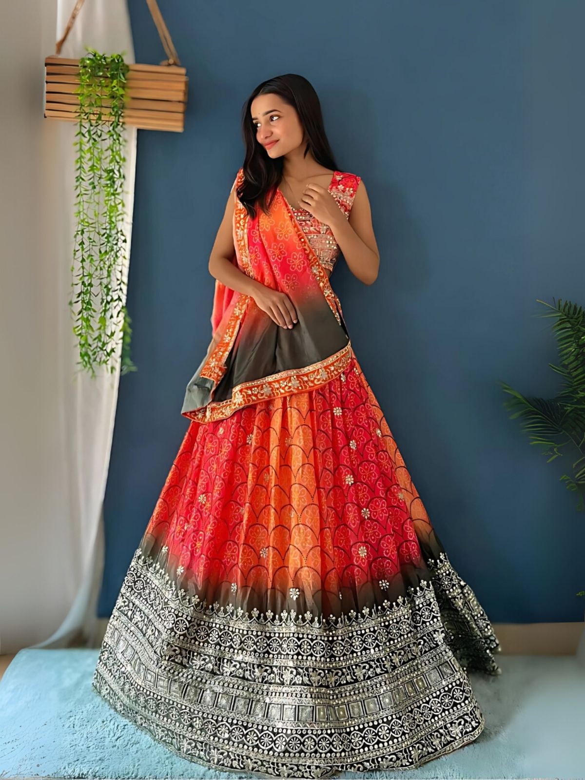 Odette Pink And Orange Silk Blend Embroidered Semi-Stitched lehenga For Women
