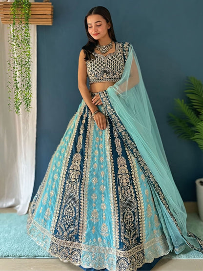Odette Sky Blue And Teal Georgette Embroidered Semi-Stitched lehenga For Women