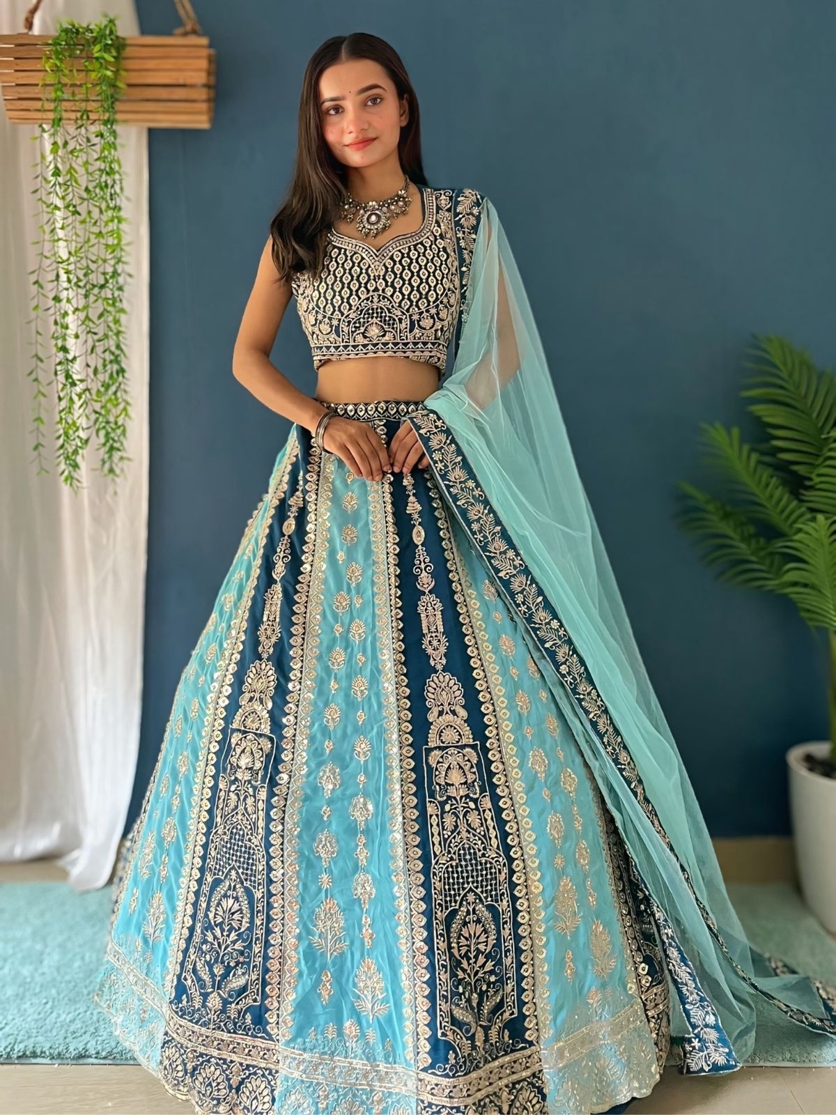 Odette Sky Blue And Teal Georgette Embroidered Semi-Stitched lehenga For Women
