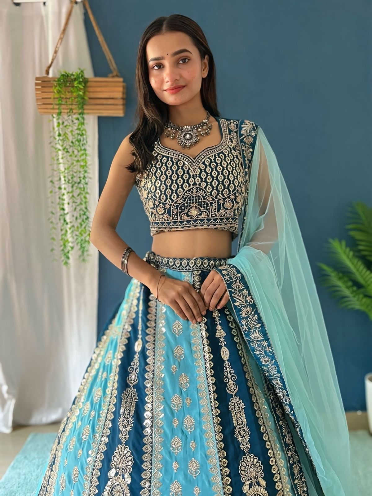 Odette Sky Blue And Teal Georgette Embroidered Semi-Stitched lehenga For Women