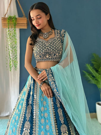 Odette Sky Blue And Teal Georgette Embroidered Semi-Stitched lehenga For Women