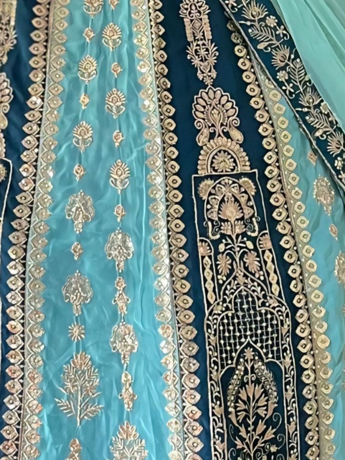 Odette Sky Blue And Teal Georgette Embroidered Semi-Stitched lehenga For Women